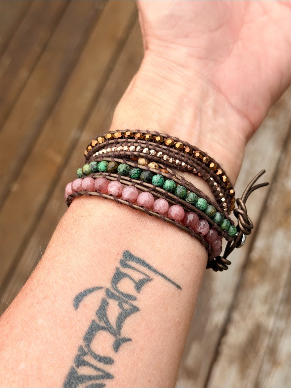 Handmade Multi-Row Pink and Green Beaded Wrap Bracelet